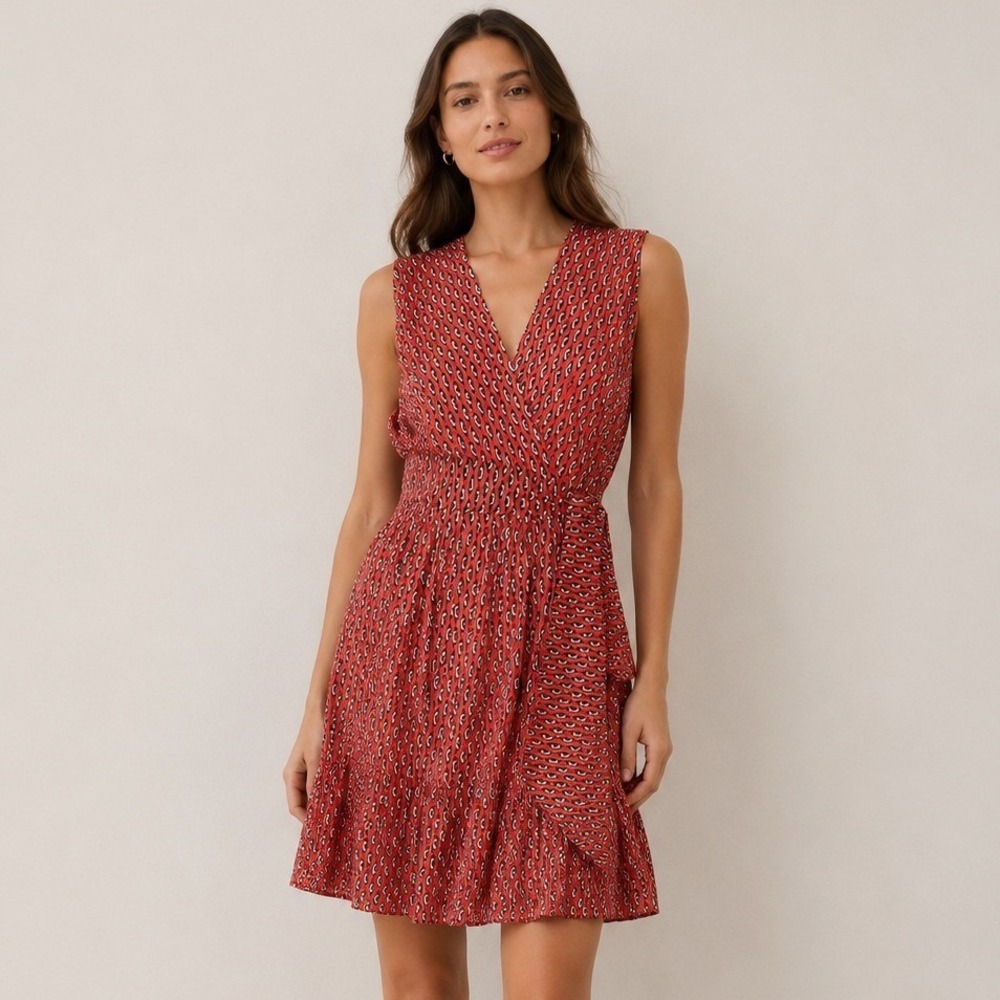 Issa Lux Red Eye Print Silk Cotton Wrap-Style Midi Dress Ruffle Hem | US 4 UK 8